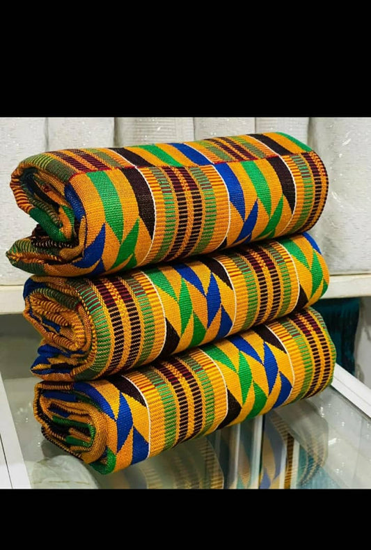 Unity Crown Kente Fabric – Gold, Green & Royal Blue