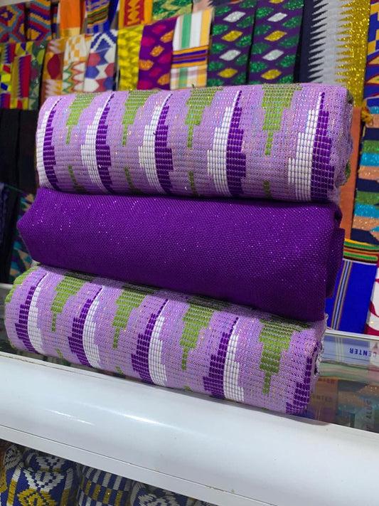 Royal Lavender Kente Fabric – Lilac, Olive & Ivory