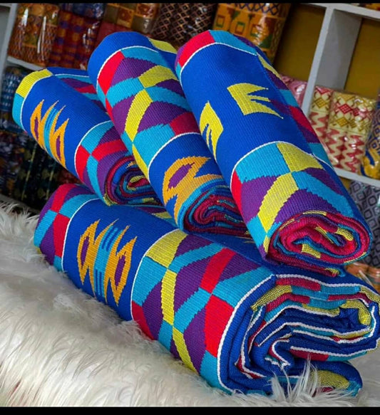 Vibrance Echo Kente Fabric – Electric Blue, Crimson & Gold
