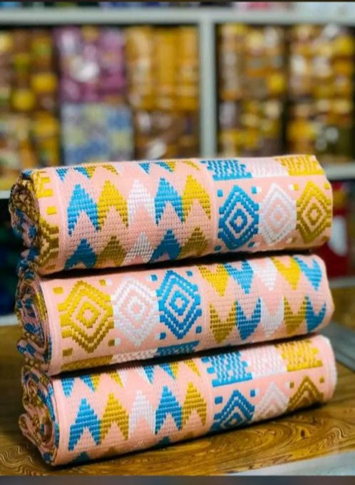 Sunrise Spirit Kente Fabric – Peach, Sky Blue & Gold